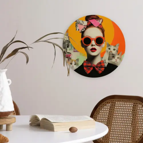 Vrouw - Bril - Strik - Retro Wandcirkel kunststof plaat 5mm dik klein -sfeer4