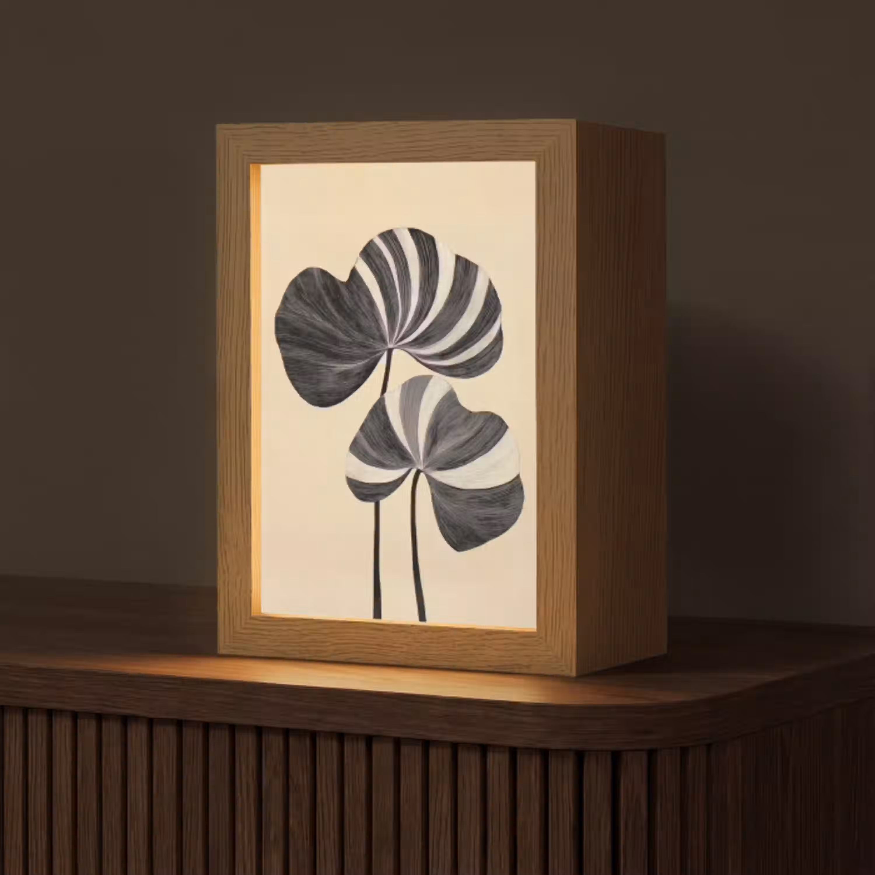 Zwart - Bladeren - Strepen - Minimalistisch Light Box met kabel (Tafellamp) klein -z3d_website