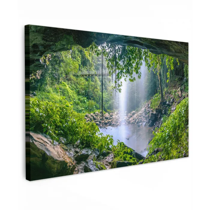 Jungle - Regenwoud - Water - Waterval - Planten Tuinposter op houten frame 2 cm dik klein -3d
