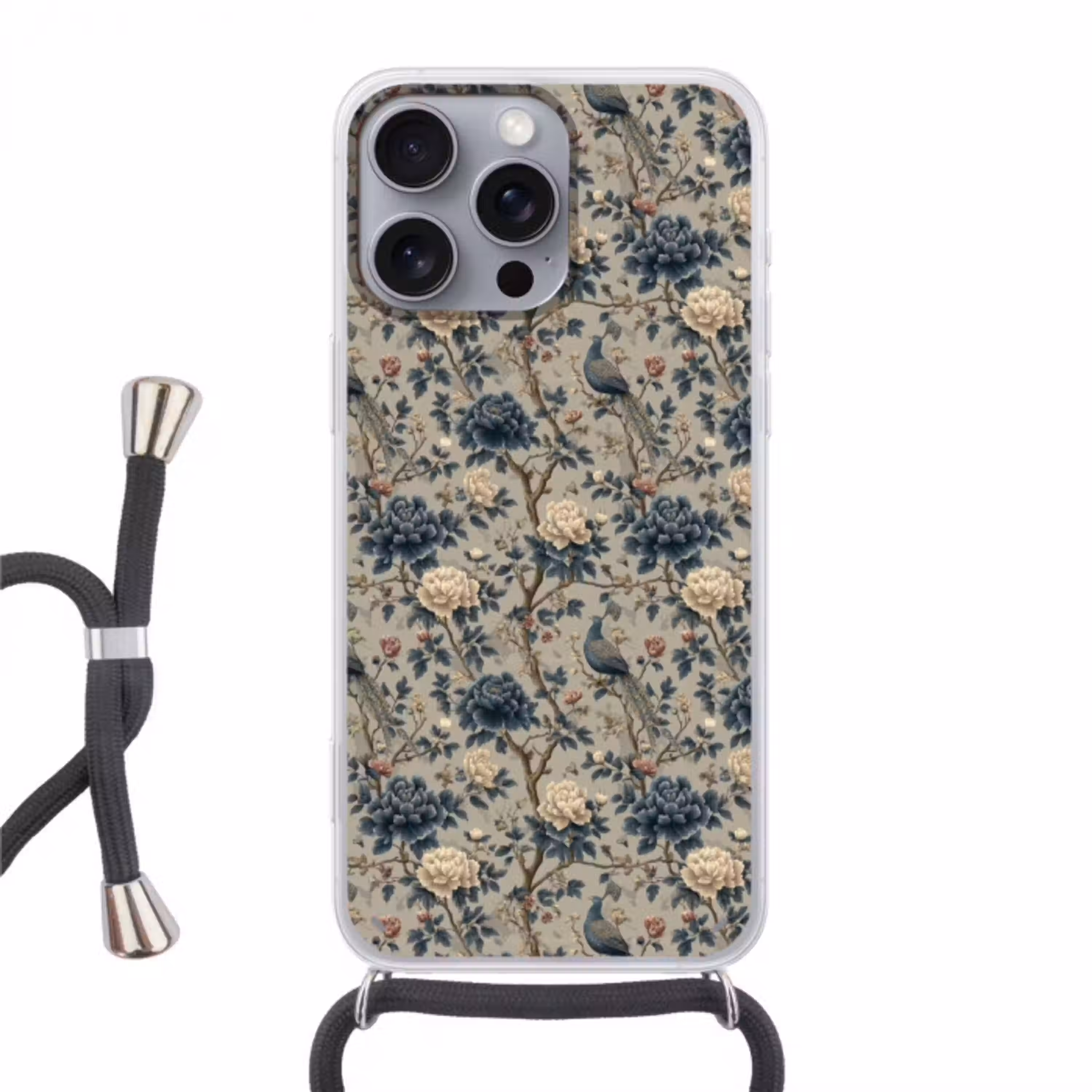 Pauw - Bloemen - Blauw Hoesje iPhone 16 Pro Max met koord klein 804 -3d
