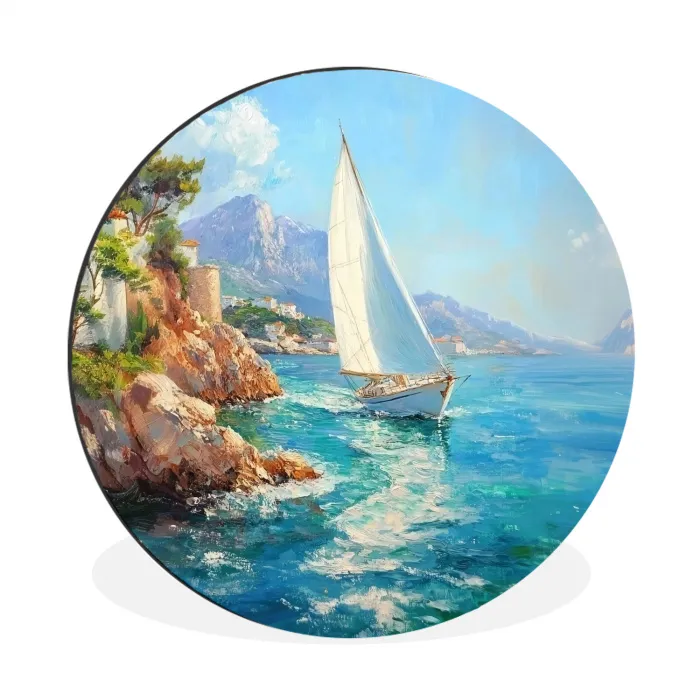 Zeilboot - Rotsen - Kust - Huizen Wandcirkel aluminium klein -3d