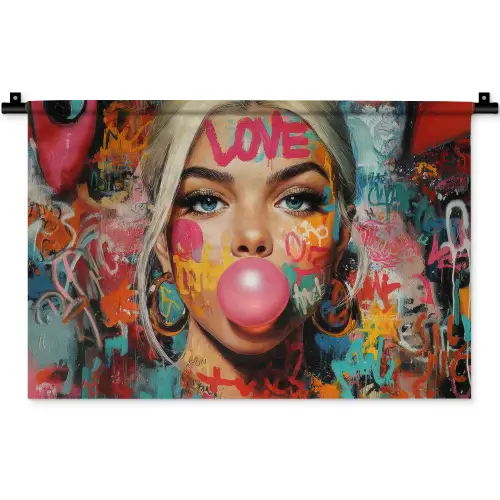 Vrouw - Kauwgom - Graffiti - Love Wandkleed katoen klein -zz3d