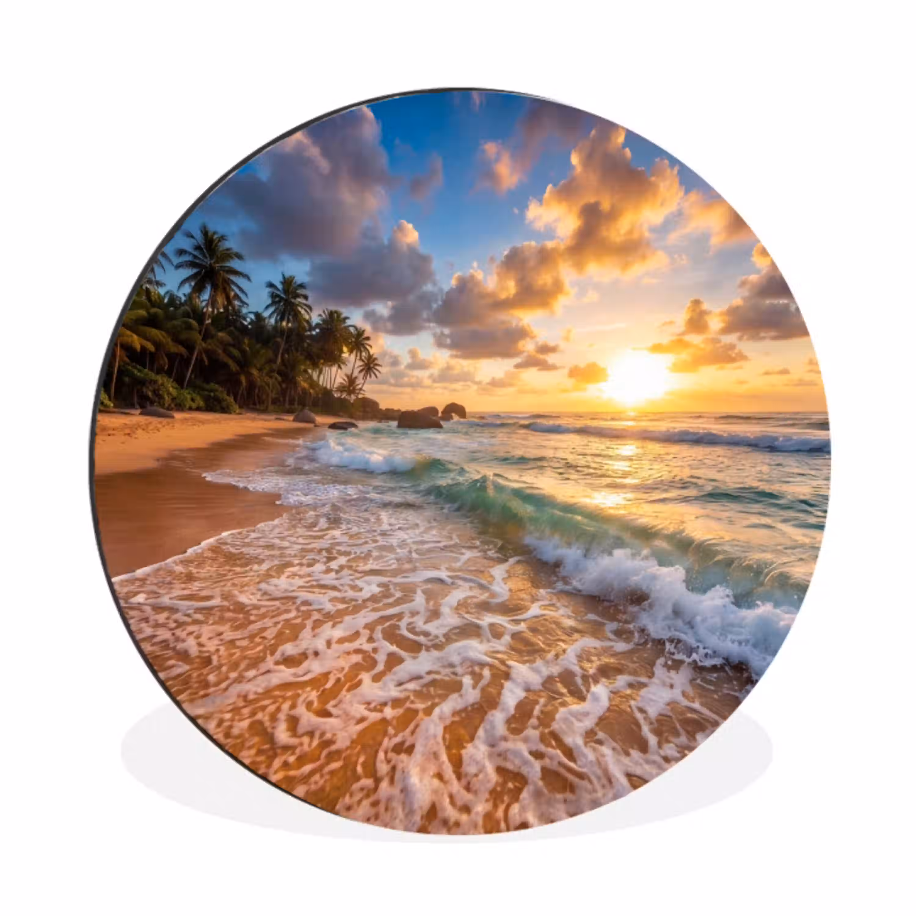 Strand - Zonsondergang - Golven - Natuur - Goud Wandcirkel aluminium klein -3d
