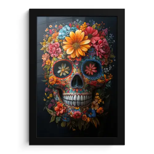 Bloemen - Kleurrijk - Schedel fotolijst zwart zonder passe partout klein -3d