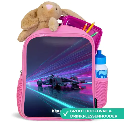 Neon - Raceauto - Lichtstrepen - Paars Kinderrugzak - Roze middel -inhoud_NL