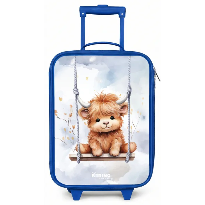 Schommelend Schotse hooglander kalf van waterverf Kinderkoffer - Blauw klein -zz3dotto