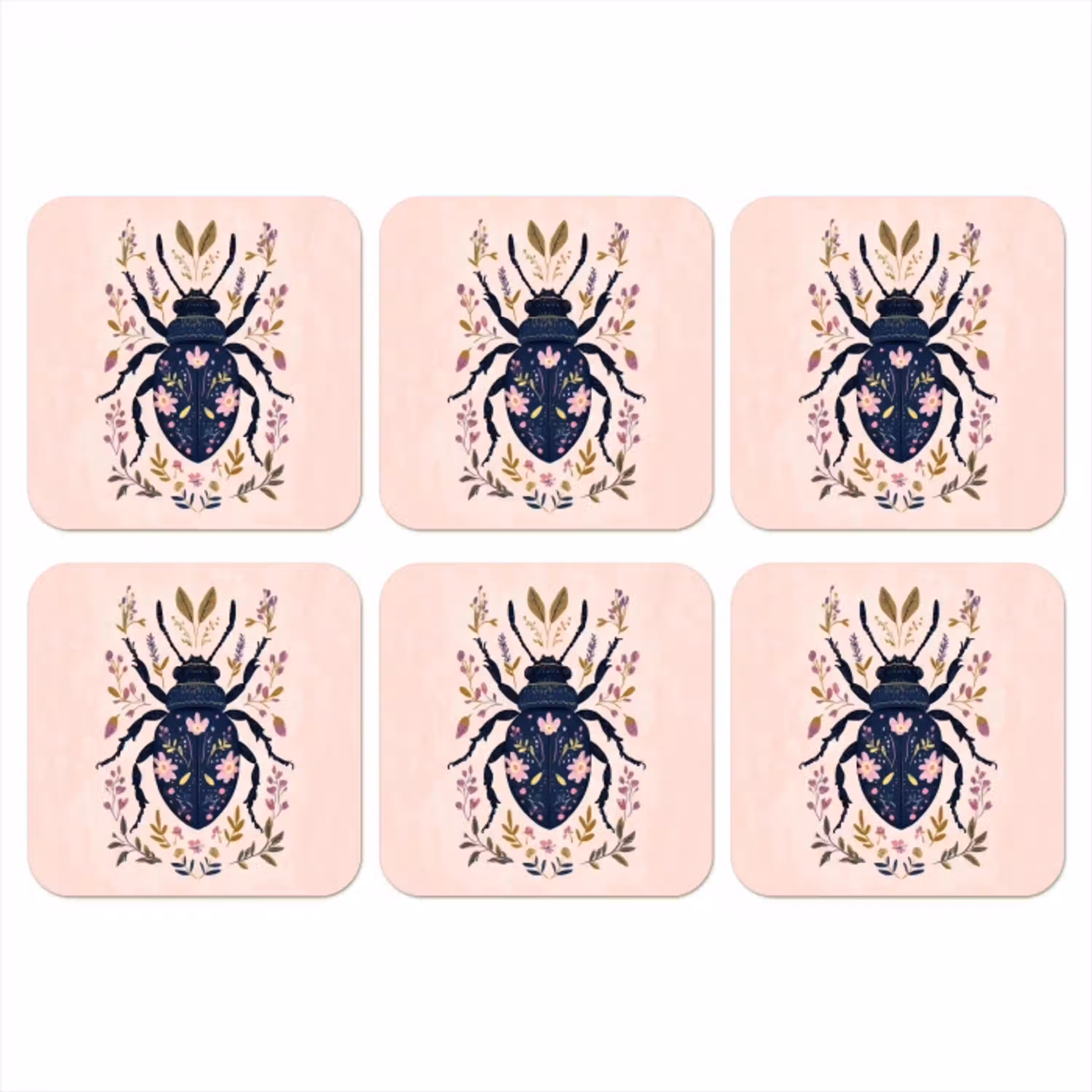 Donkerblauw - Kever - Bloemtakken - Sierlijk onderzetter kurk middel -3d