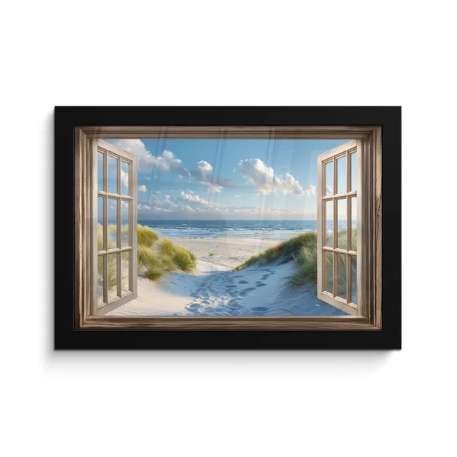 Doorkijk - Strand - Raam - Duinen - Zee fotolijst zwart zonder passe partout klein -3d