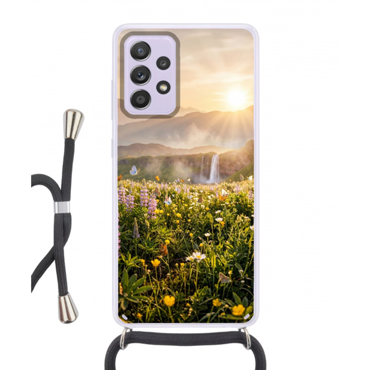 Vlinders - Waterval - Bloemenveld Hoesje Samsung Galaxy A52 5G met koord klein -3d
