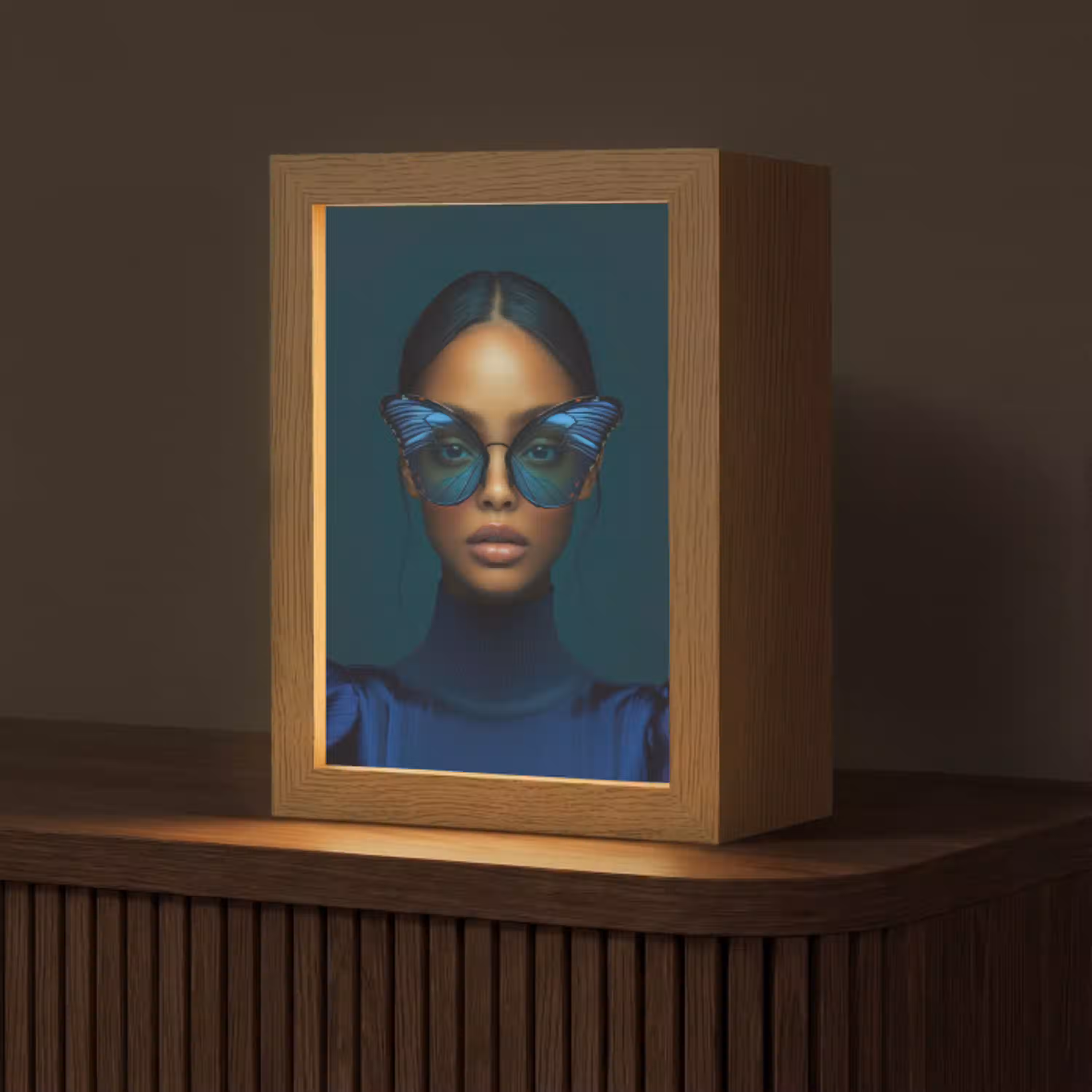 Vrouw - Vlinder - Bril - Blauw - Modern - Portret Light Box met kabel (Tafellamp) klein -z3d_website