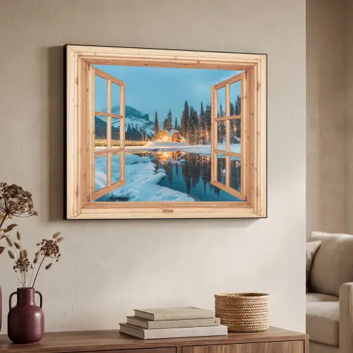 Winterlandschap - Natuur - Huis - Bergen - Doorkijk - Raam Textielframe zwart klein -sfeer3