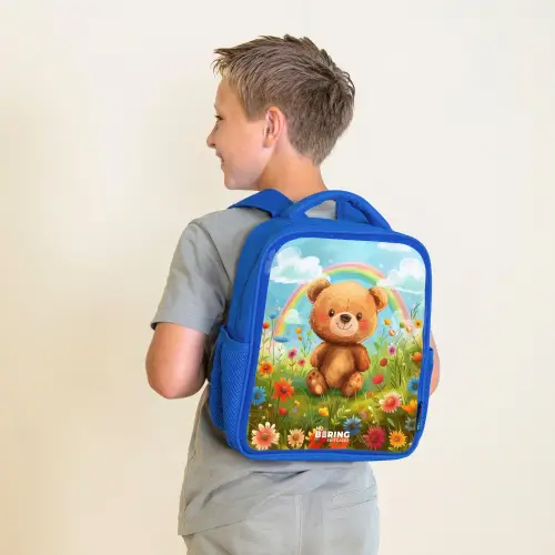 Teddybeer tussen de bloemen Kinderrugzak - Blauw middel -sfeer2