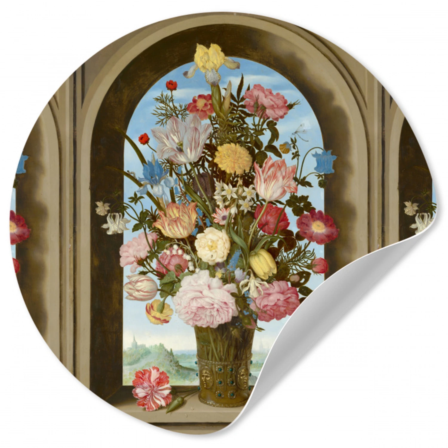 Vaas met bloemen in een venster - Schilderij van Ambrosius Bosschaert de Oude Wandcirkel behangsticker klein -3d