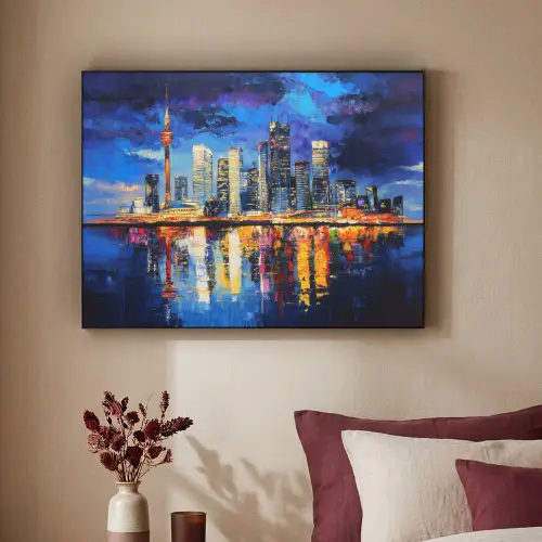 Skyline Toronto - Modern - Stadslicht - Blauw Textielframe zwart klein -sfeer1