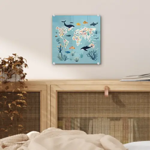 Wereldkaart - Zeeleven - Blauw plexiglas 5mm klein -sfeer4