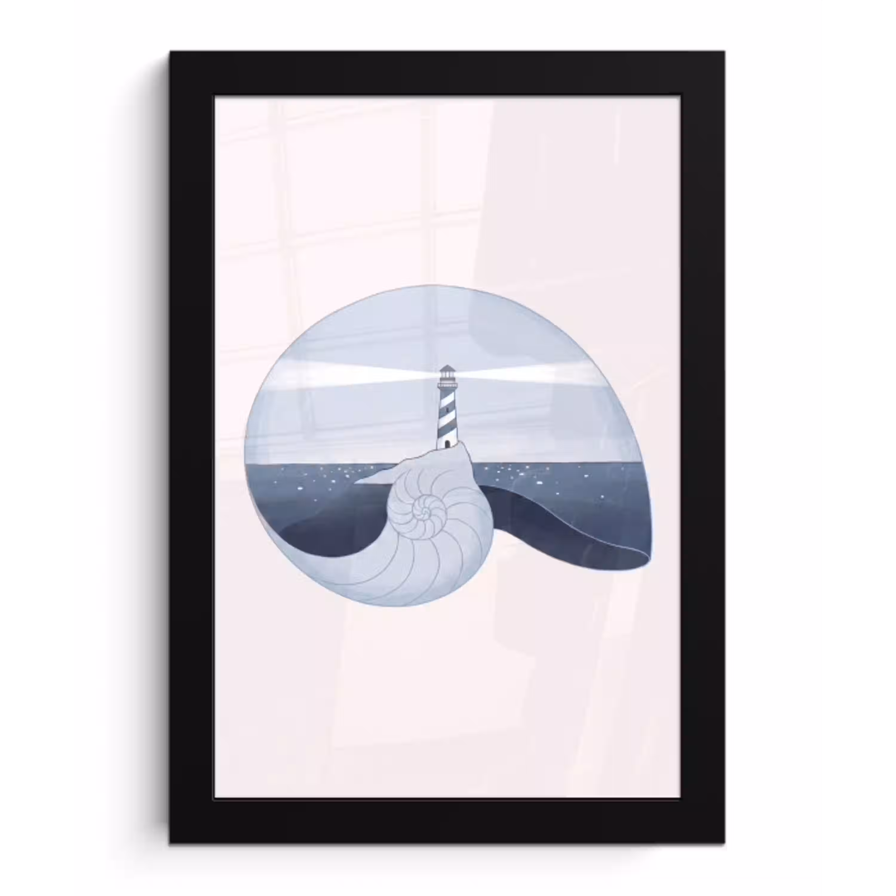 Vuurtoren - Zee - Schelp - Abstract - Blauw fotolijst zwart zonder passe partout klein -3d