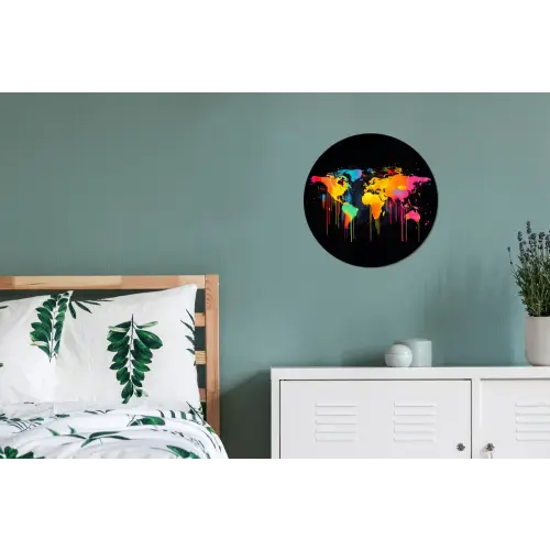 Wereldkaart - Verf - Kleurrijk - Graffiti - Wereld Wandcirkel aluminium klein -slaapkamer