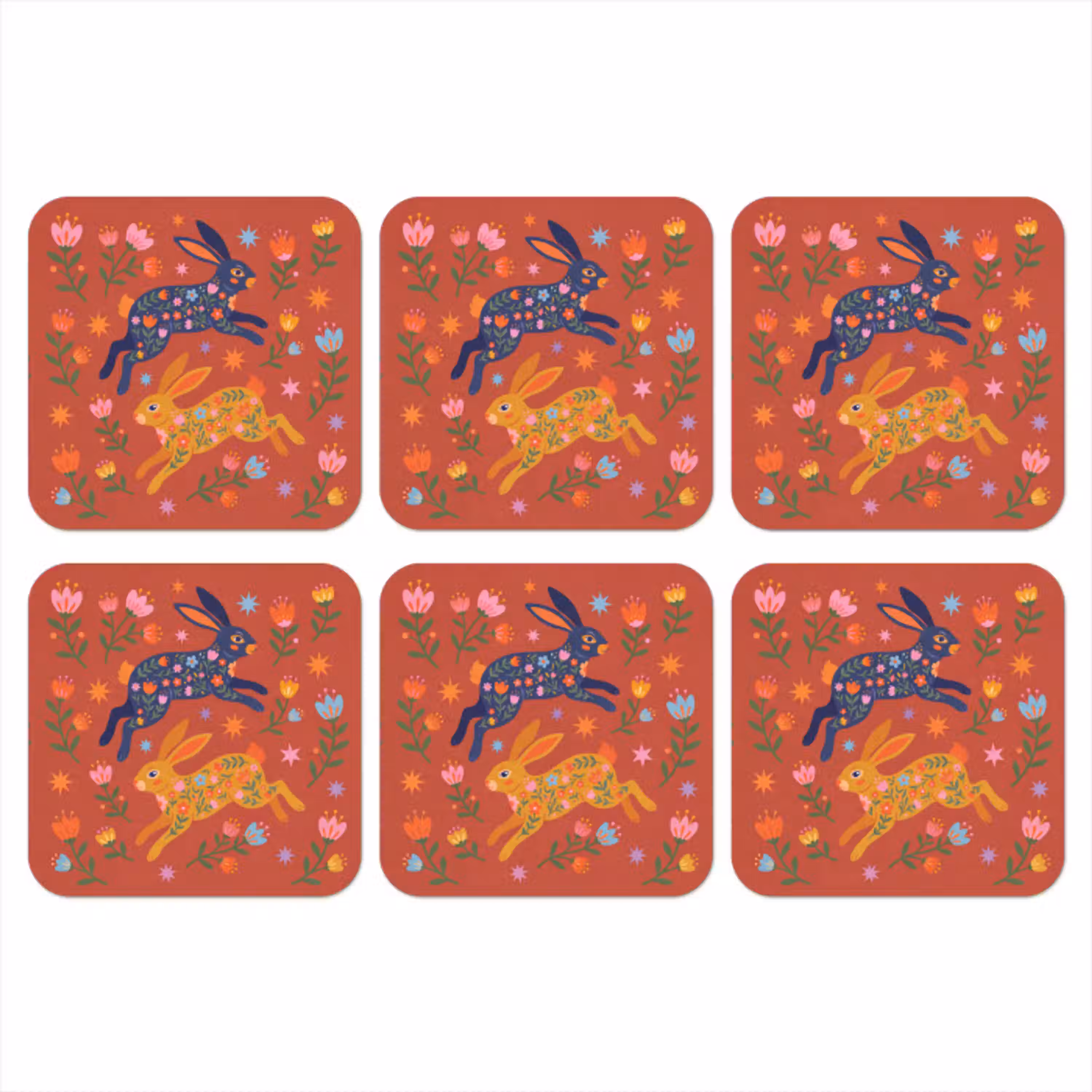 Konijn - Bloemen - Folk Art - Kleurrijk - Dieren onderzetter kurk middel -3d