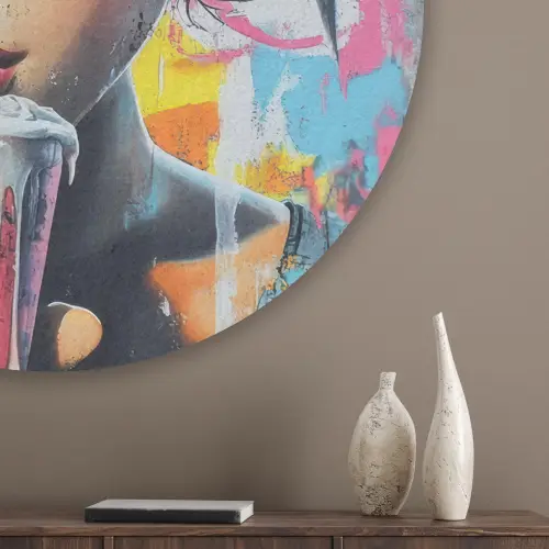 Expressief - Milkshake - Vrouw - Felle kleuren Akoestische PET Vilt - Rond klein -sfeer5_closeup