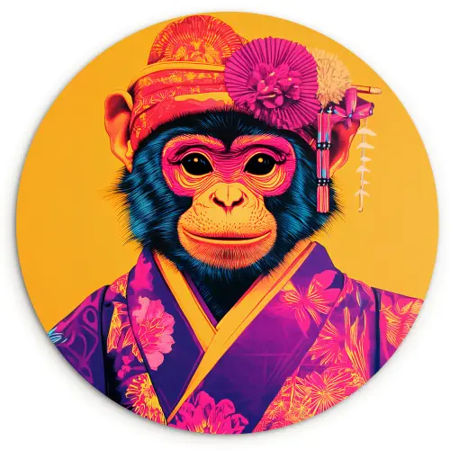 Aap - Kimono - Bloemen - Hoofdtooi Wandcirkel kunststof plaat 5mm dik klein -3d