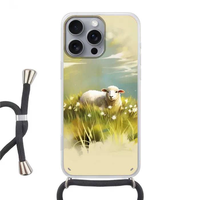 Schaap - Weide - Groen Hoesje iPhone 16 Pro Max met koord klein -3d