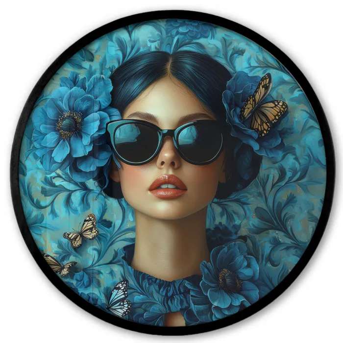Vrouw - Bloemen - Vlinders - Blauw - Abstract Fotolijst rond zonder passe partout klein -3d