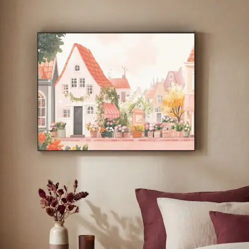 Bloemen - Huizen - Dorp Textielframe - compleet frame klein -sfeer1