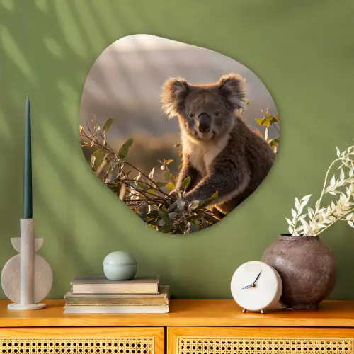 Koala - Bladeren - Ochtendlicht Wandcirkel Organisch Aluminium middel -sfeer2