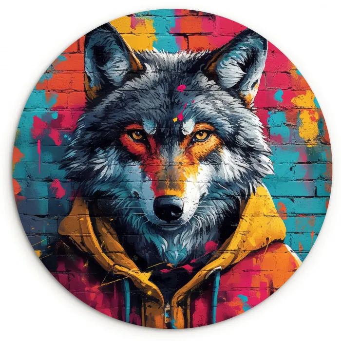 Graffiti - Wolf - Street art - Blauw Wandcirkel kunststof plaat 5mm dik klein -3d