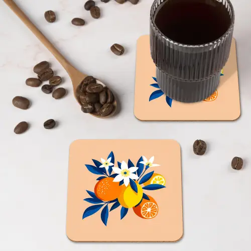 Illustratie - Sinaasappels - Donkerblauw - Bloemen onderzetter kurk middel -sfeer2