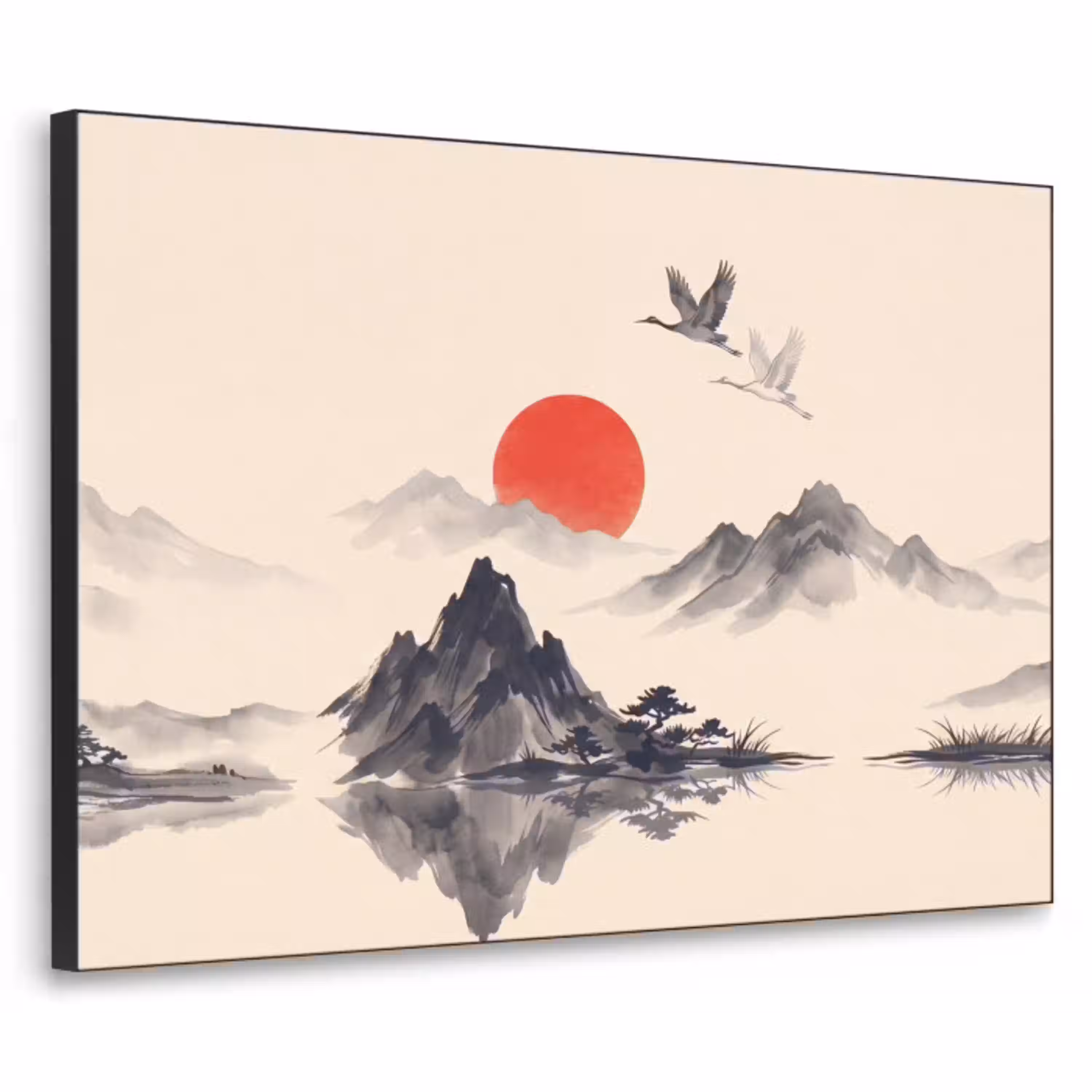Oosters - Kraanvogels - Landschap Textielframe zwart klein -3d