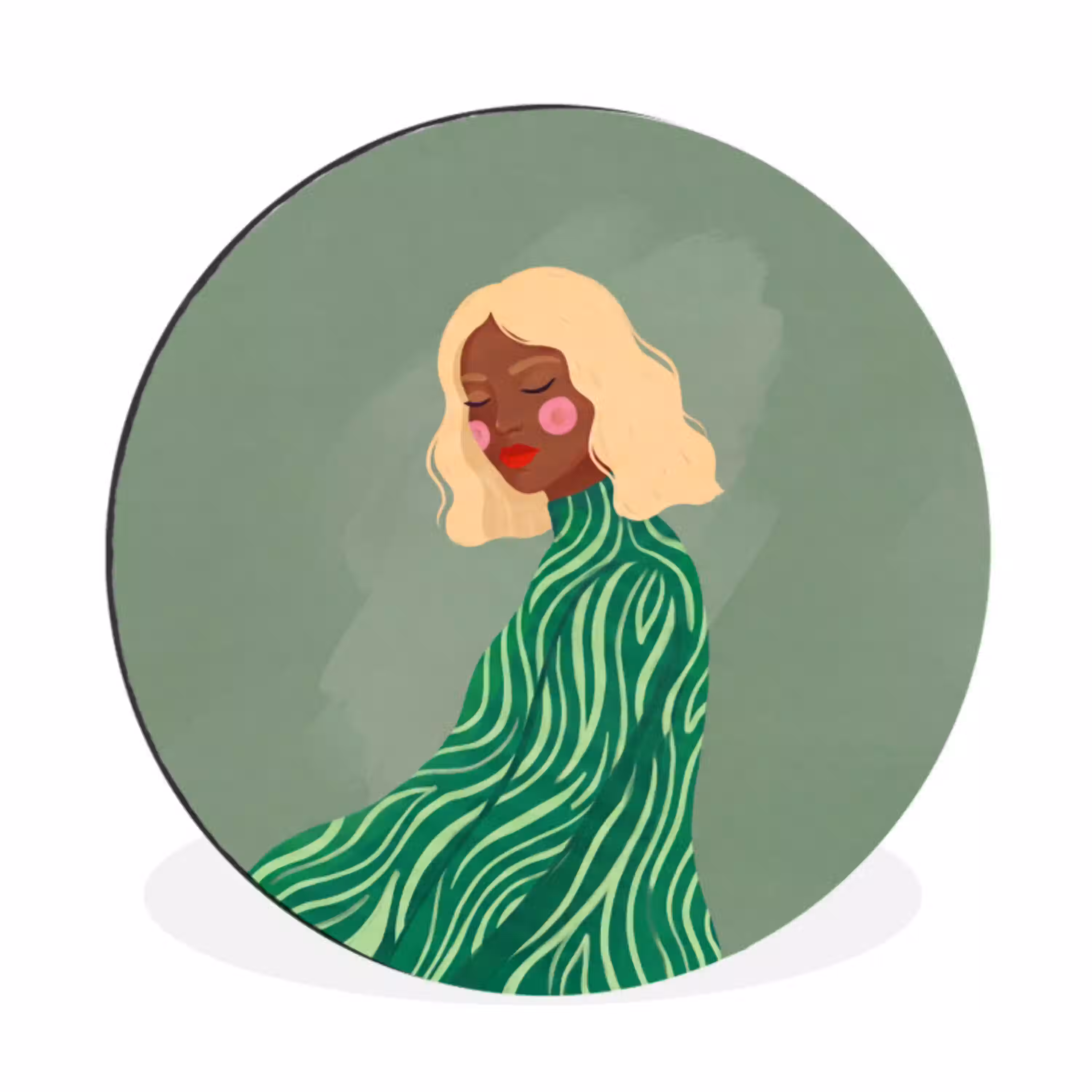 Vrouw - Portret - Illustratie - Modern - Groen Wandcirkel aluminium klein -3d