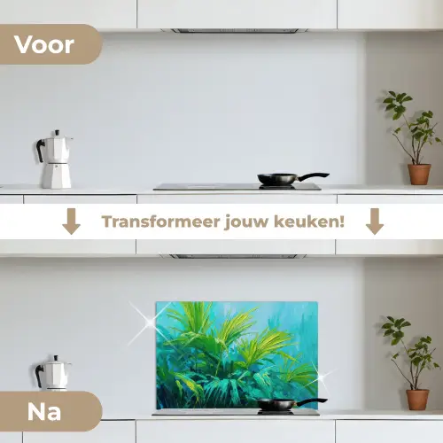 Bladeren - Groen - Schilderij - Abstract keuken achterwand spatscherm klein -voor_na_NL