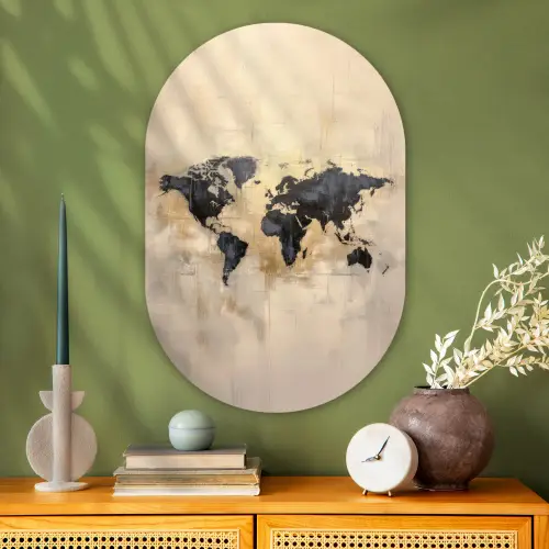 Wereldkaart - Goud - Zwart - Abstract Wandcirkel Ovaal Glas middel -sfeer2