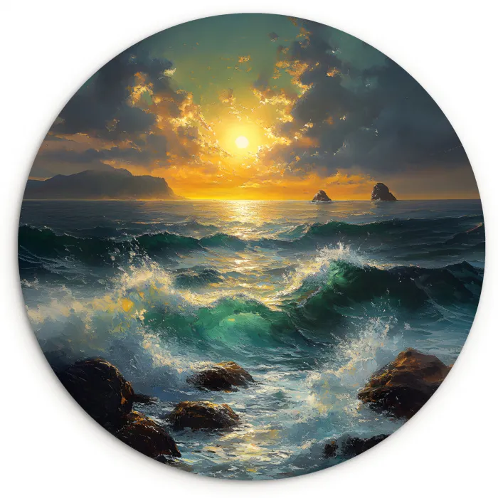 Zee - Zon - Golven - Rotsen Wandcirkel plexiglas klein -3d