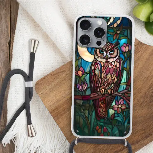 Uil - Mozaïek - Maan - Nacht Hoesje iPhone 16 Pro Max met koord klein -sfeer4