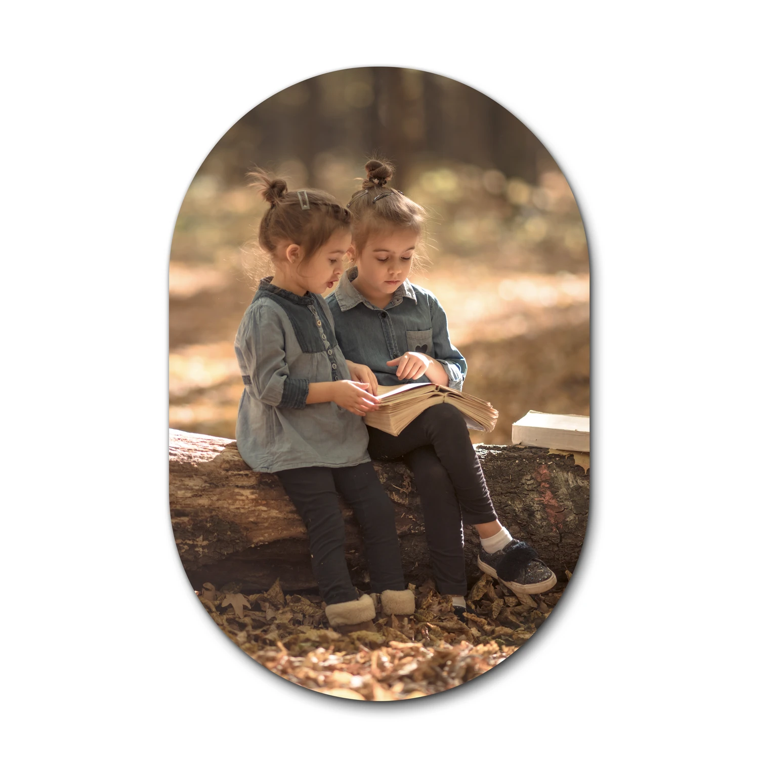 Muurovaal met foto - porductbeeld - Twee meisjes op een boomstam