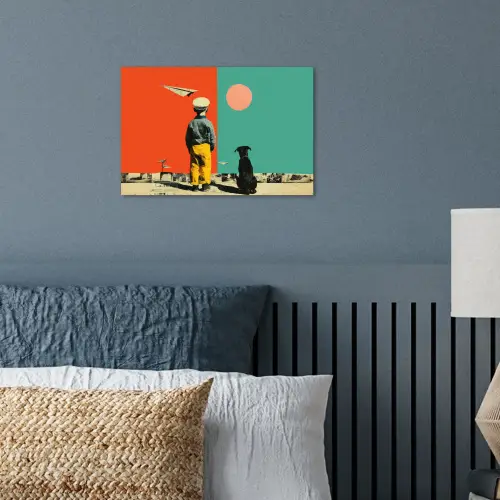 Retro - Jongen - Hond - Rood - Groen poster papier klein -sfeer2