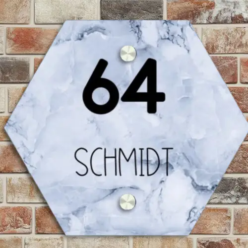 Blauw marmer - Modern Naambord Hexagon klein -sfeer2