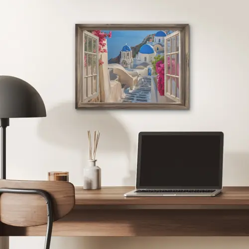 Doorkijk - Santorini - Landschap - Blauw - Grieks PET vilt klein -sfeer5