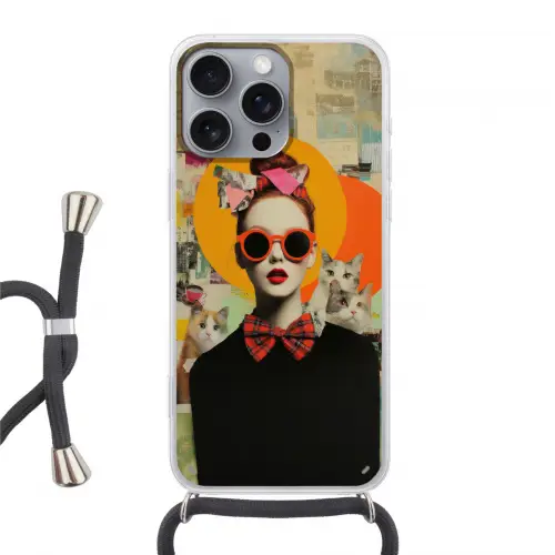 Vrouw - Bril - Strik - Retro Hoesje iPhone 16 Pro Max met koord klein -3d