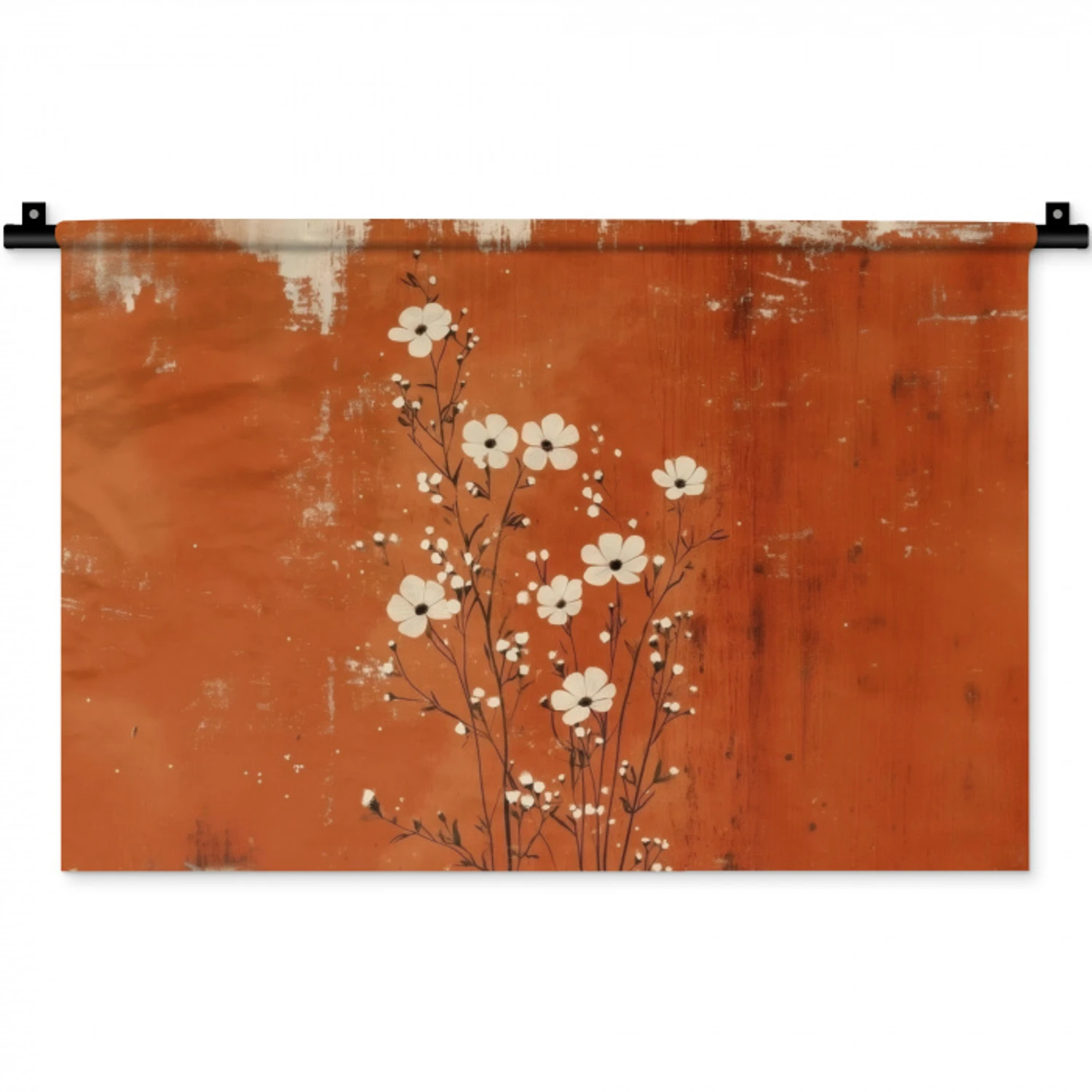 Bloemen - Wit - Subtiel - Roestkleur Wandkleed katoen klein -zz3d