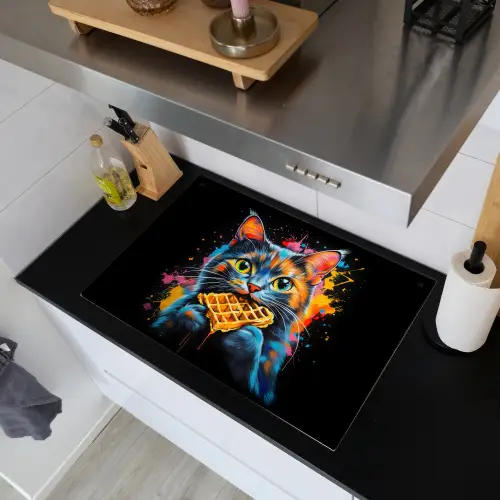 Kat - Graffiti - Kleurrijk - Wafel - Eten Inductie beschemer met haakjes klein -sfeer1