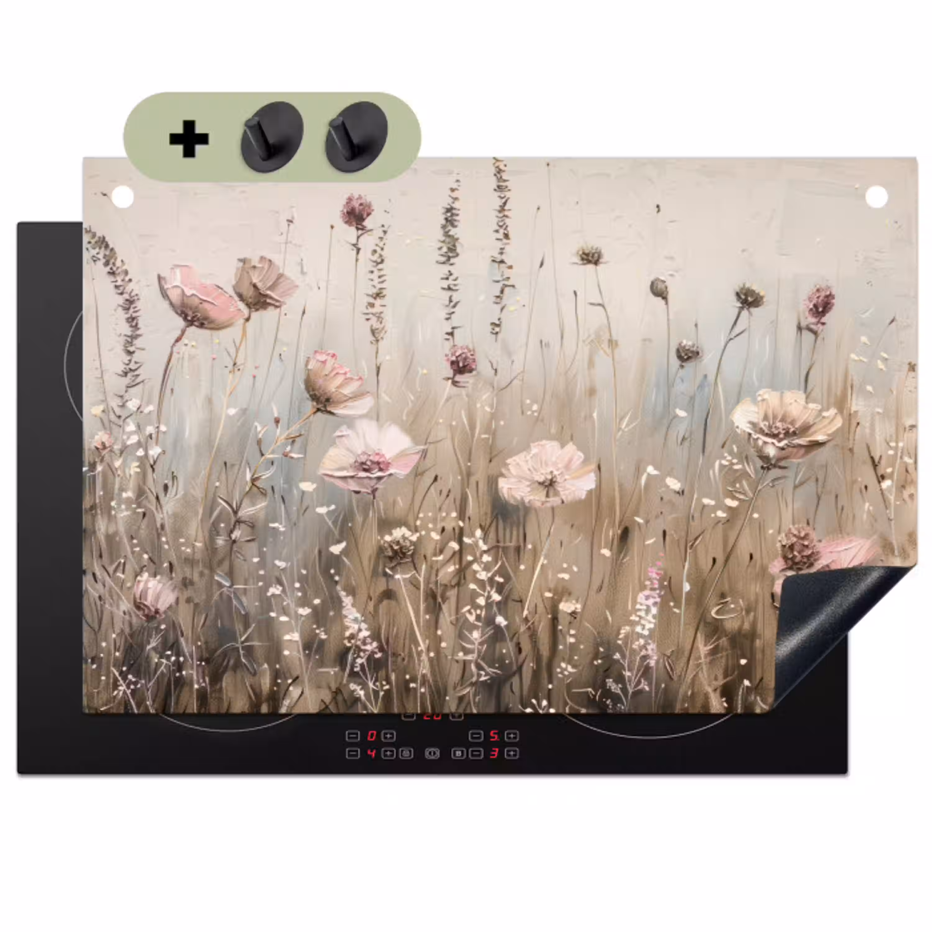Bloemen - Roze - Modern - Beige Inductie beschemer met haakjes klein -3d