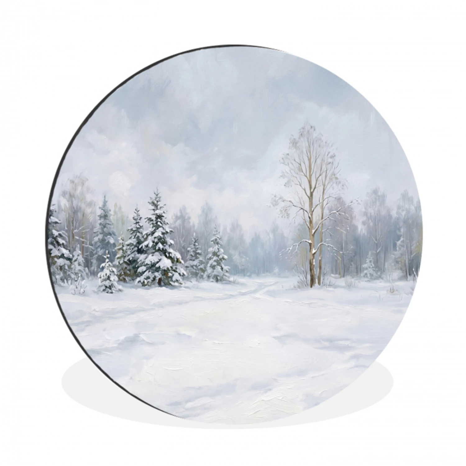 Bospad - Dennen - Sneeuw - Winter - Rustgevend Wandcirkel aluminium klein -3d