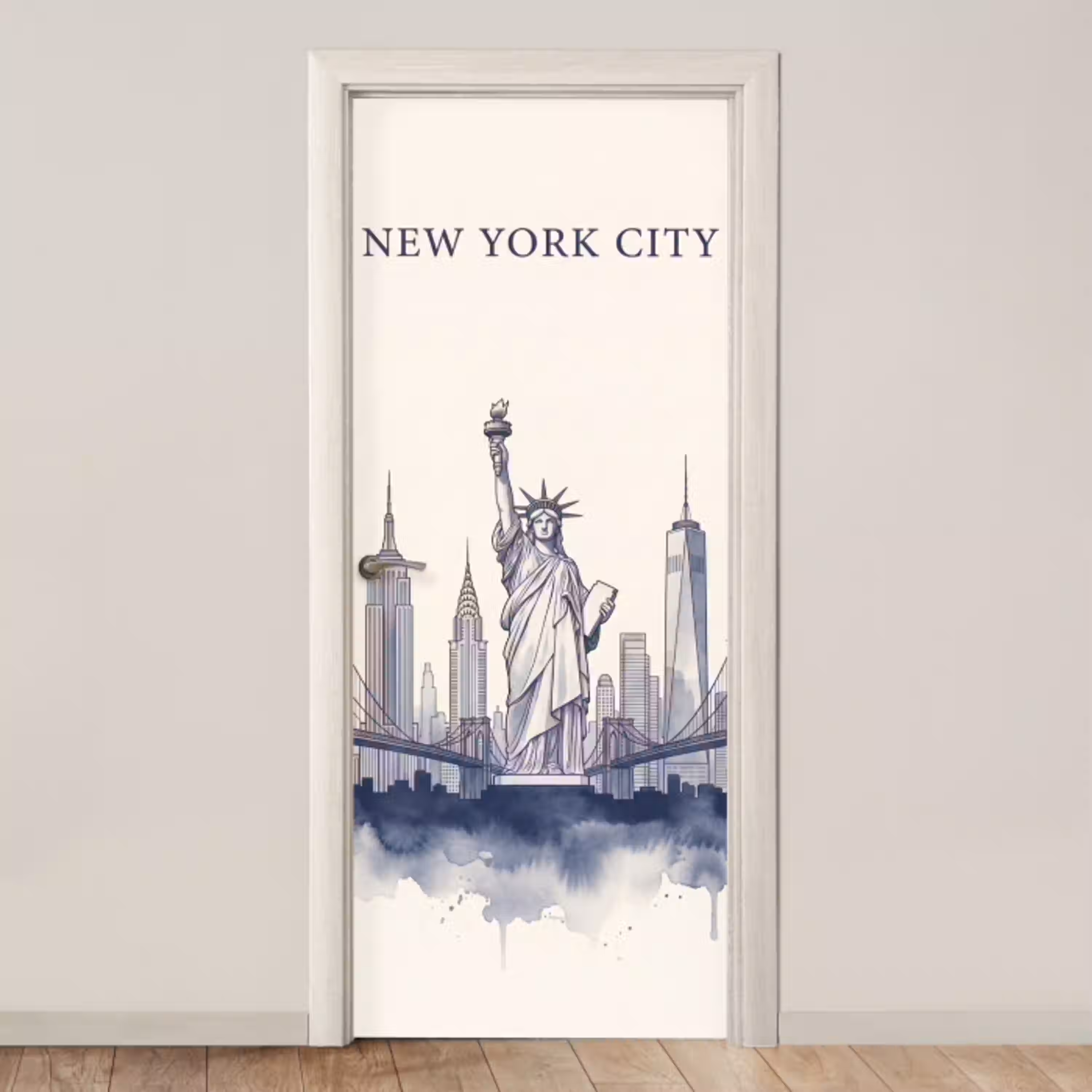 New York - Vrijheidsbeeld - Skyline - Illustratie - Blauw deurposter klein -3d_beige