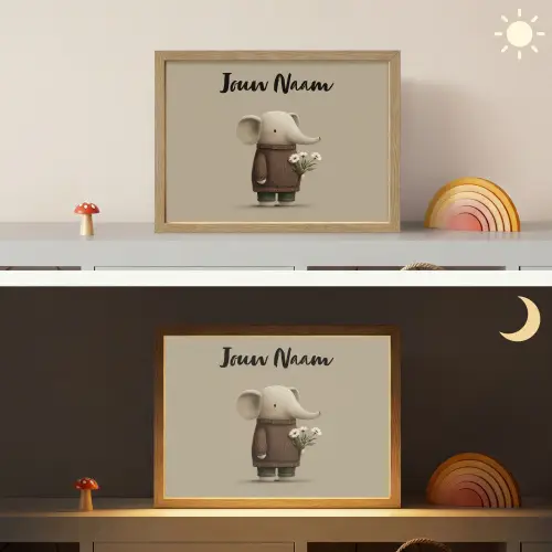 Olifant - Witte bloemen - Kindvriendelijk Light Box met batterij (Wandlamp kind) middel -sfeer3_kind