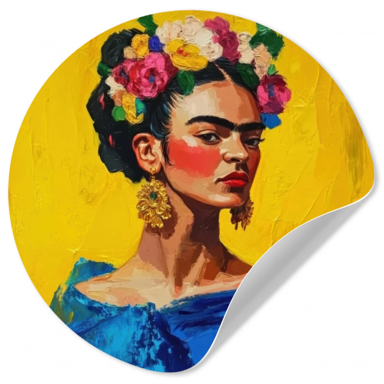 Frida Kahlo - Vrouw - Geel - Blauw - Bloemen Wandcirkel behangsticker klein -3d