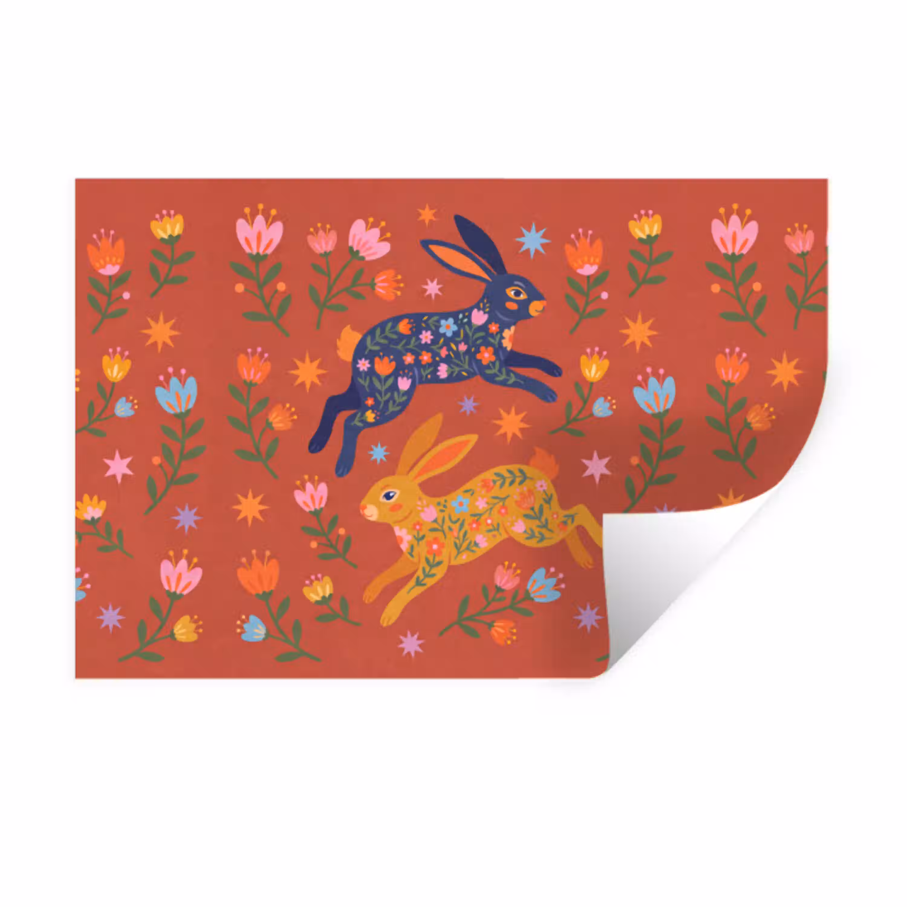 Konijn - Bloemen - Folk Art - Kleurrijk - Dieren Muursticker klein -3d