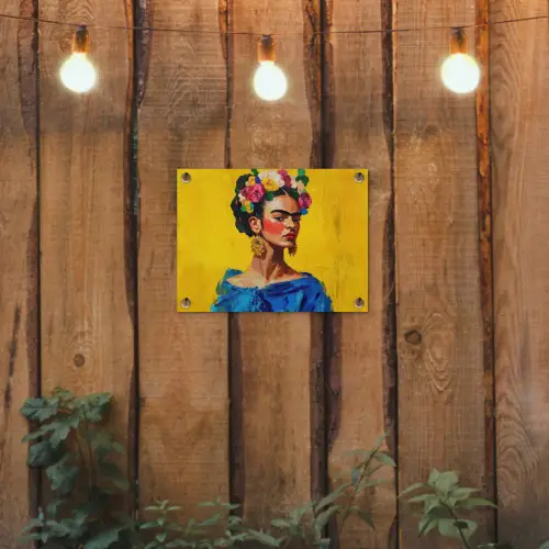 Frida Kahlo - Vrouw - Geel - Blauw - Bloemen tuinposter los doek klein -sfeer1